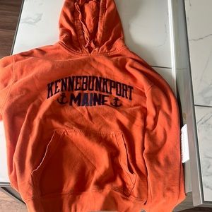 Large Kennebunkport Maine hoodie orange and dark blue lettering